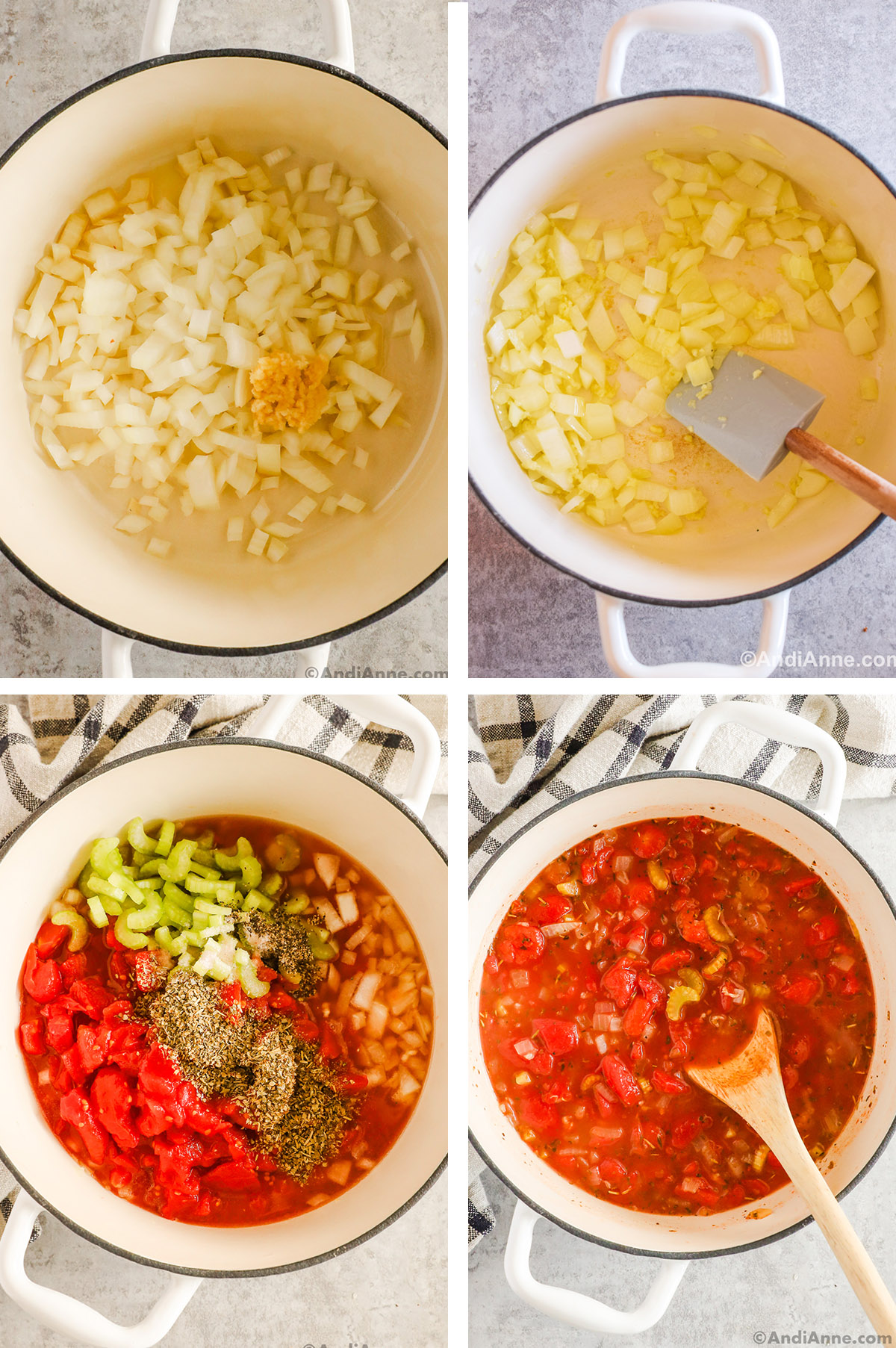 Four images grouped together of a soup in white pot in various stages. First two are chopped onion cooking. Second two are tomatoes, celery, and broth all added to make the soup.