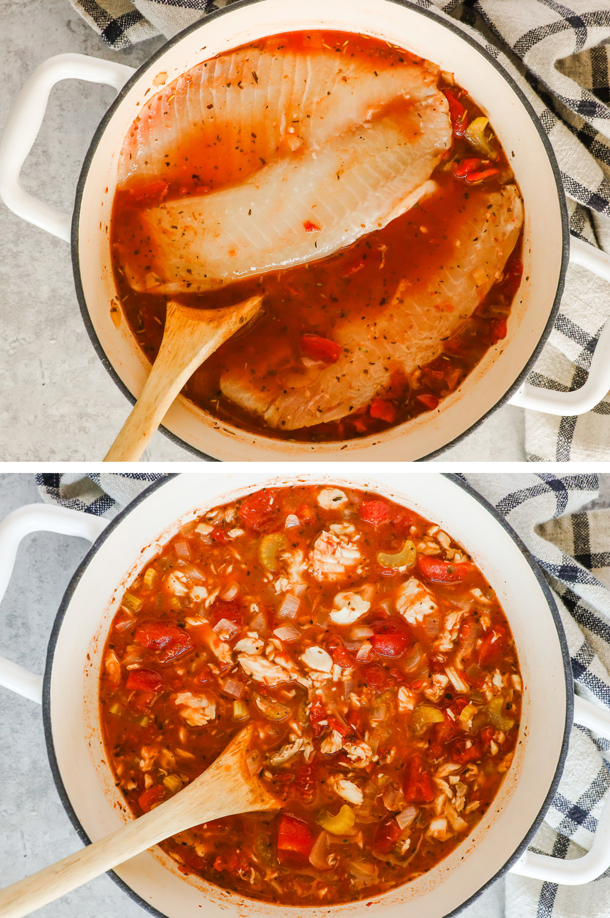 Two images of soup in a pot. First with raw fish fillets dumped into a tomato soup base. Second is fish pieces broken apart in the soup.