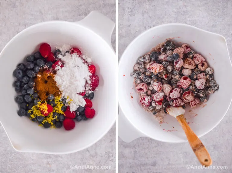 White bowl with berries, cinnamon, and sugar. Second bowl with ingredients mixed together.