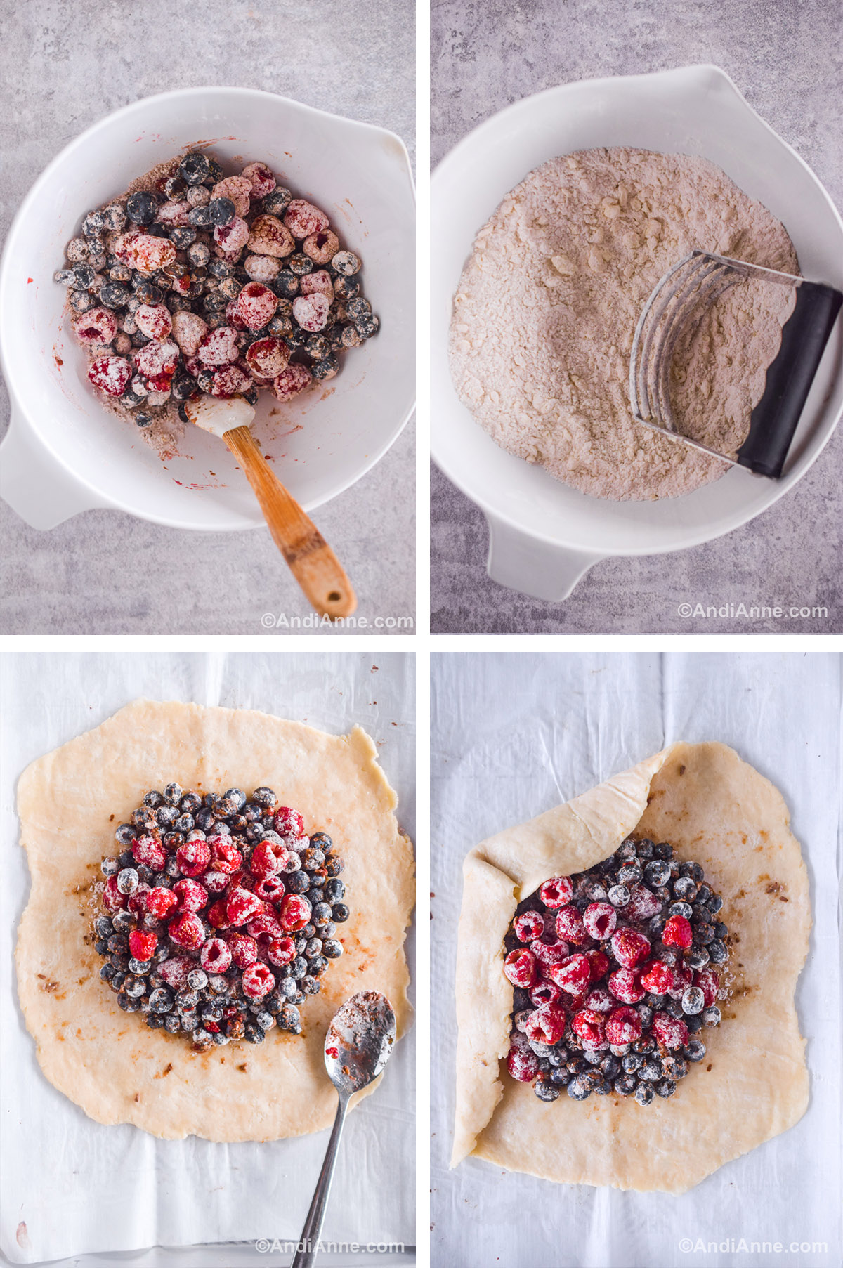 Four images showing steps to make recipe including bow of berries tossed with powdered sugar. Second image is bowl with dry flour ingredients and a pastry cutter. Third is pie crust rolled out with stacked berries in the center. Fourth is half of the dough folded over with berries in the center.