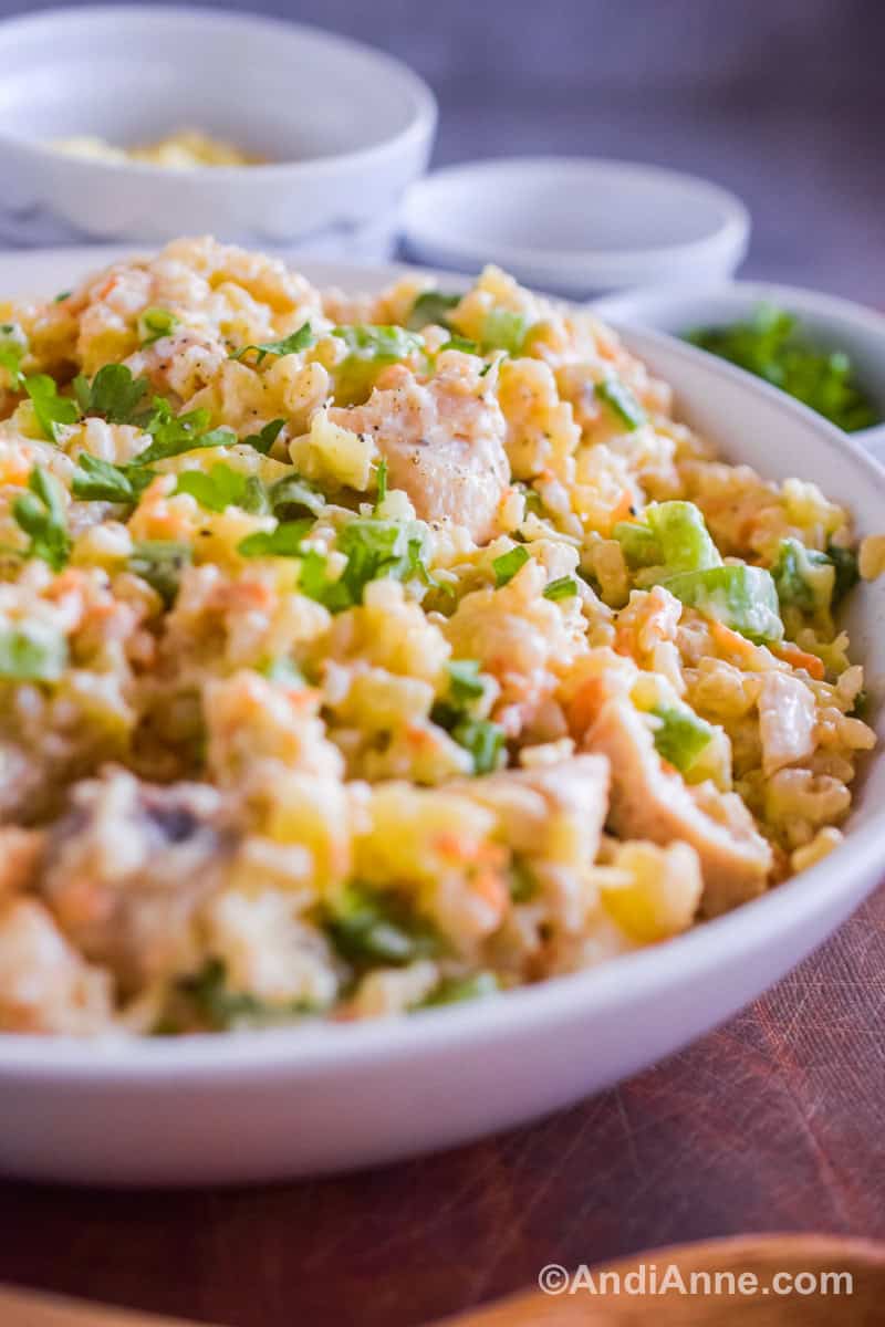 Side angle of pineapple chicken rice salad in a bowl.