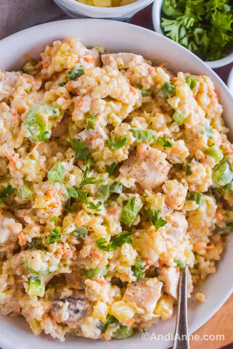 Close up of pineapple chicken rice salad with fresh parsley. 