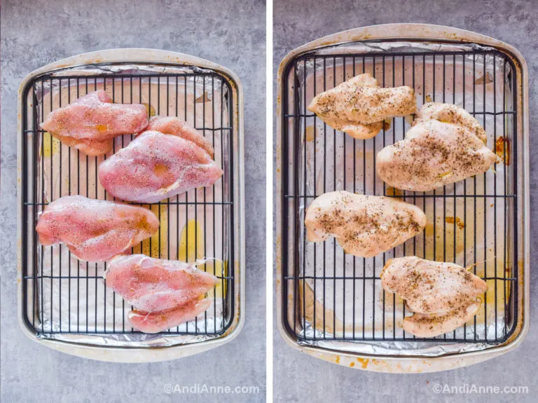 Four chicken breasts on a baking sheet with a rack. First image is raw chicken, second image is cooked chicken.
