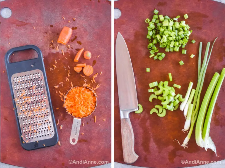 Chopped green onion with a knife, and shredded carrots with a cheese grater.