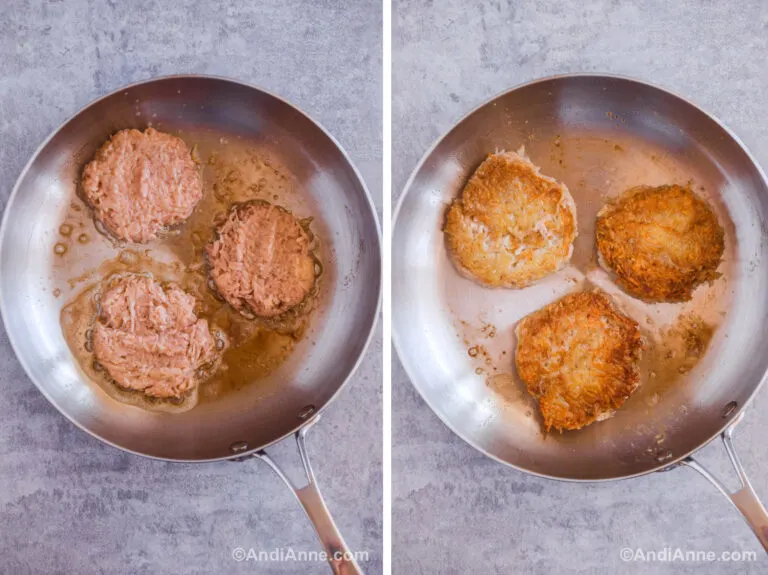 Steel frying pan with 3 potato cakes first image with them raw. Second image with them cooked.