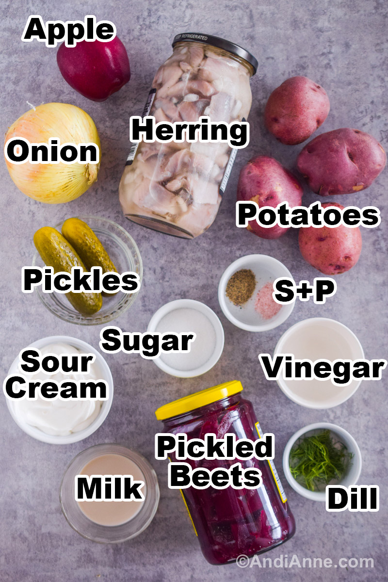Recipe ingredients on a table including jars of herring and pickled beets, red potatoes, onion, pickles, small bowls of vinegar, sugar, sour cream, milk, fresh dill, salt and pepper.