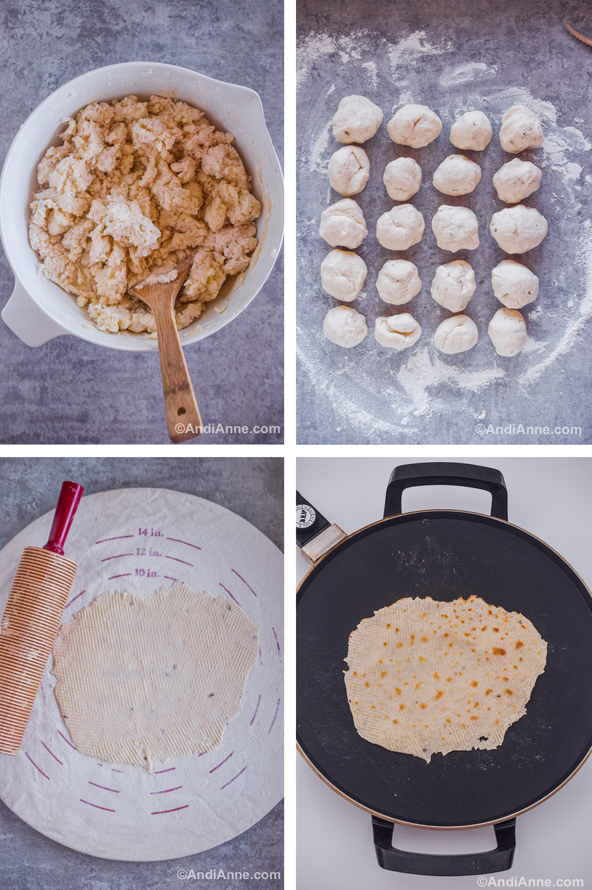 Four images showing steps to make recipe including bowl of dough. Round dough pieces in rows on floured countertop. Rolled out thin dough on canvas board with rolling pin. Cooked lefse on a black electric griddle.