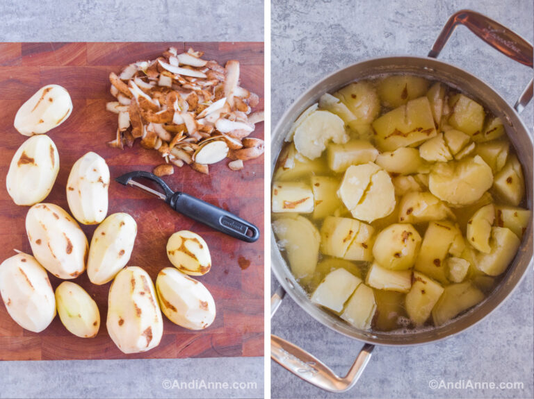 Two images. First is potatoes with peeler and scraps. Second is chopped potatoes and water in a pot.
