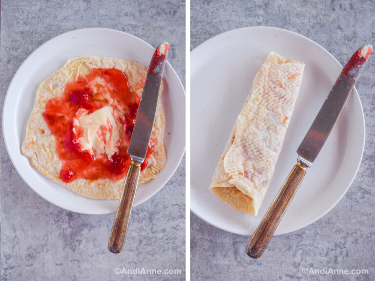 Two images. First is jam and butter spread onto flat lefse with a knife. Second image is rolled lefse on a plate with a knife beside it.