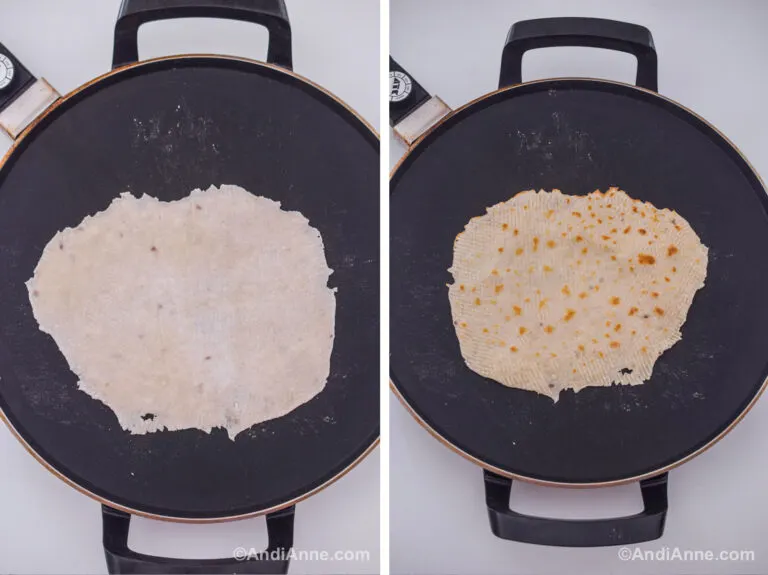 lefse cooking on a black electric griddle. First image is uncooked lefse. Second is cooked lefse with brown spots.