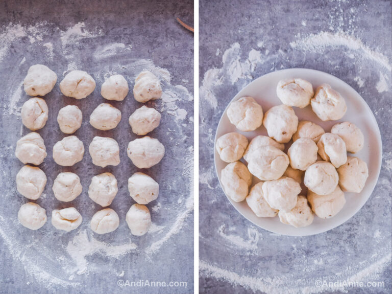 Balls of dough in rows on a floured surface. Then balls of dough stacked on a plate.