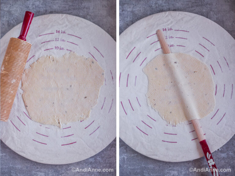 Thin flat circle of dough rolled out on canvas board with a rolling pin. Second image is a flat stick placed underneath the dough.