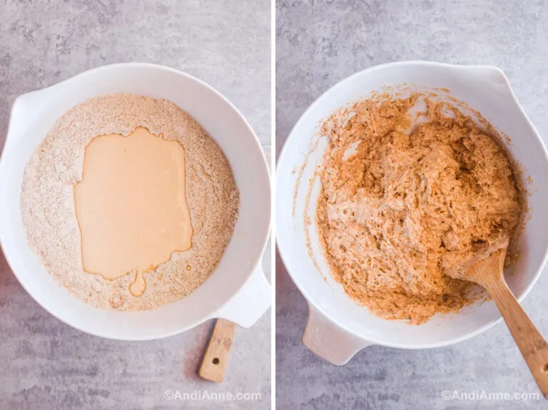 Two images of a large white bowl, first wet ingredients poured into the center of dry ingredients. Second is muffin batter mixed together.