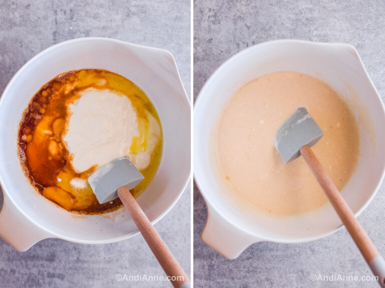 Two images of wet ingredients, before and after they're stirred together.