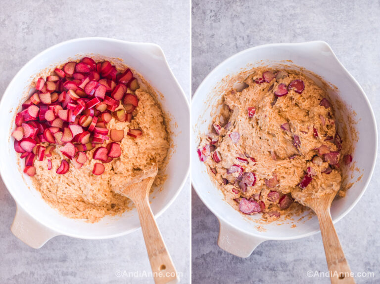 Two images of muffin batter in a bowl, first with rhubarb dumped in, second with rhubarb mixed into batter.