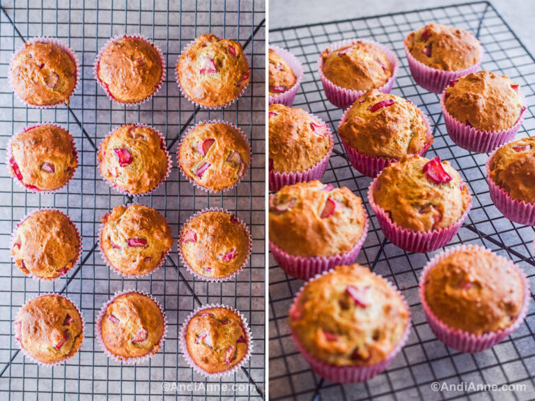 Two images of baked muffins on a wire rack.