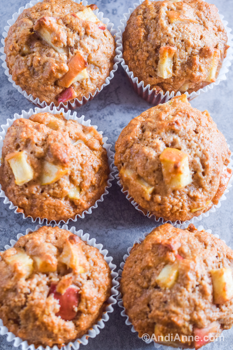 Close up of six apple muffins lined side-by-side.