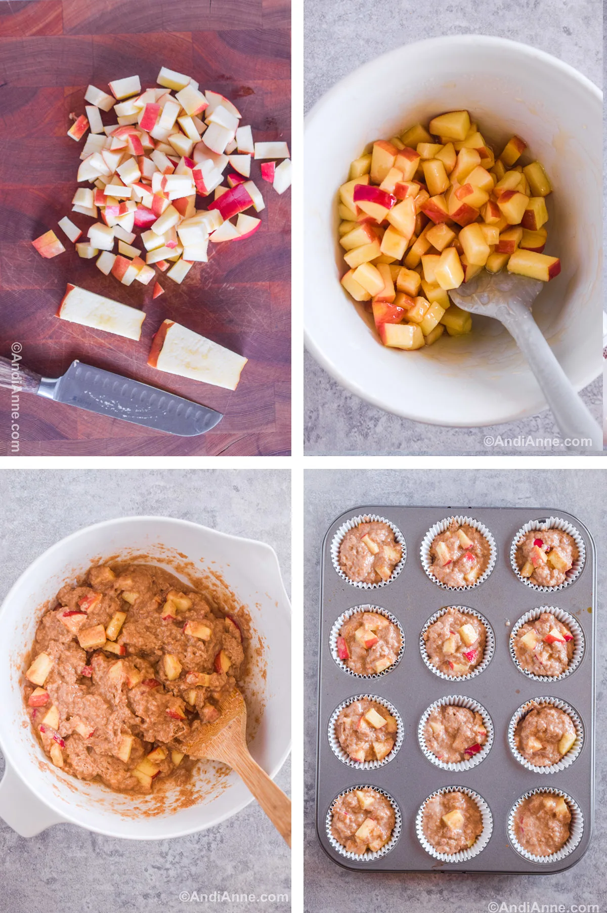 Four images showing steps to make recipe including chopped apples with a knife. A bowl of chopped apples mixed in honey with a spatula. Muffin batter with chopped apples in a bowl with a wood spoon. A muffin pan with paper liners and batter in each cup.