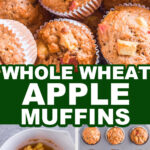 A pile of whole wheat apple muffins, a bowl of the batter with chopped apples, and cooked muffins in a pan