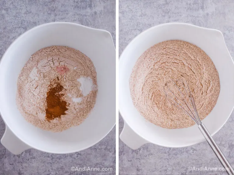 Two images of a white bowl. First with flour, cinnamon and baking powder. Second is dry ingredients all mixed together with a spatula.