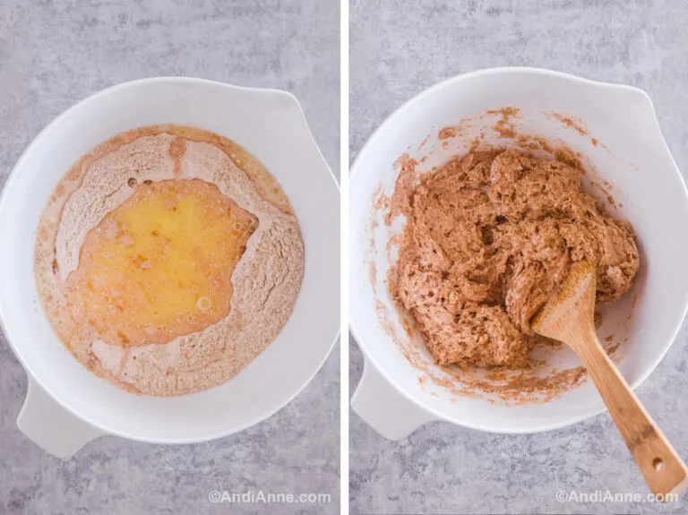 Two images of a white bowl. First is dry ingredients with wet poured into the center. Second image is muffin batter and a wood spatula in bowl.