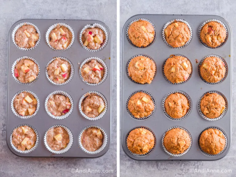 Two images of a muffin pan. First is raw muffin batter in the pan. Second is baked muffins in pan.