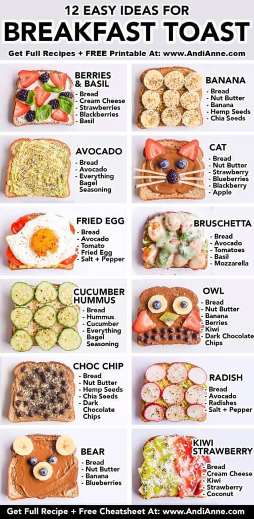 12 different toast flavors using a variety of vegetables, fruits, spreads and seeds.