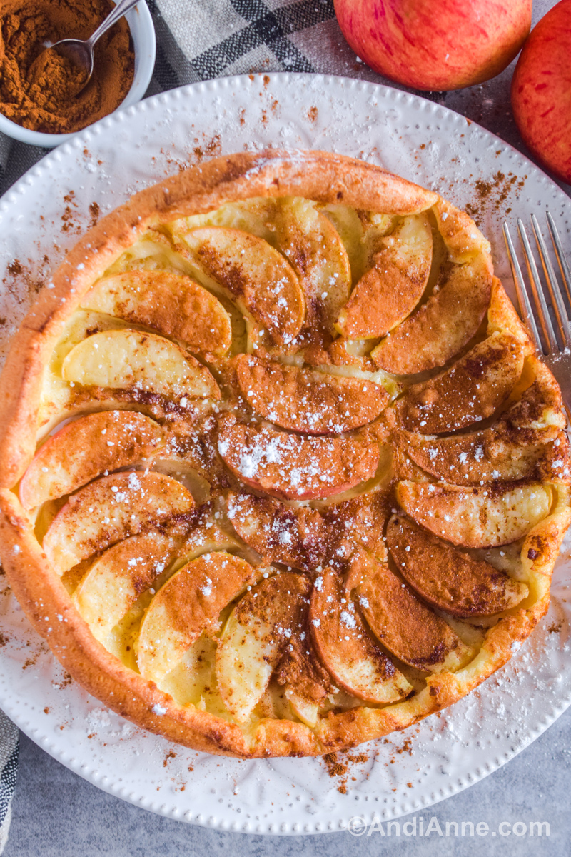 Looking down at a white decorative plate with a Apfelpfannkuchen (german apple pancake) cinnamon and powdered sugar sprinkled on top.