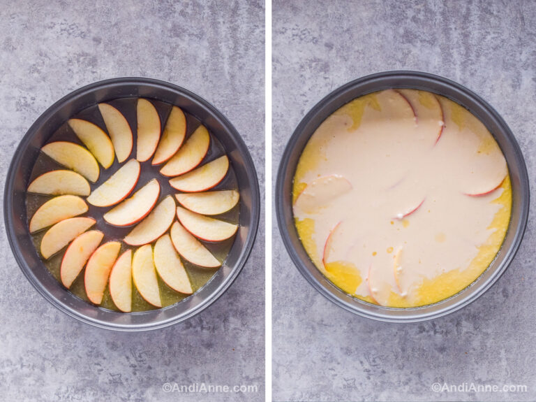 Two images of a grey cake pan. First has slices of apple arranged in a design. Second has batter poured overtop of apple wedges.