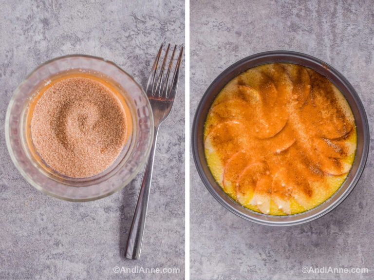 Two images. First is a bowl of cinnamon sugar and a fork. Second is a cake pan with batter and cinnamon sugar sprinkled overtop.