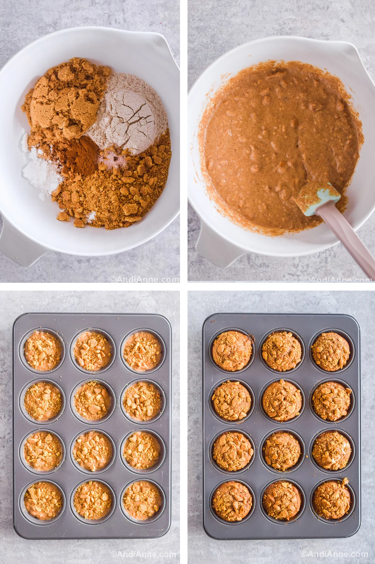 Four images together including a bowl with flours, graham crackers and sugar. The wet batter in a white bowl with a spatula. Wet batter in a muffin pan with crushed graham crackers on top. and cooked muffins in pan with crush graham crackers.