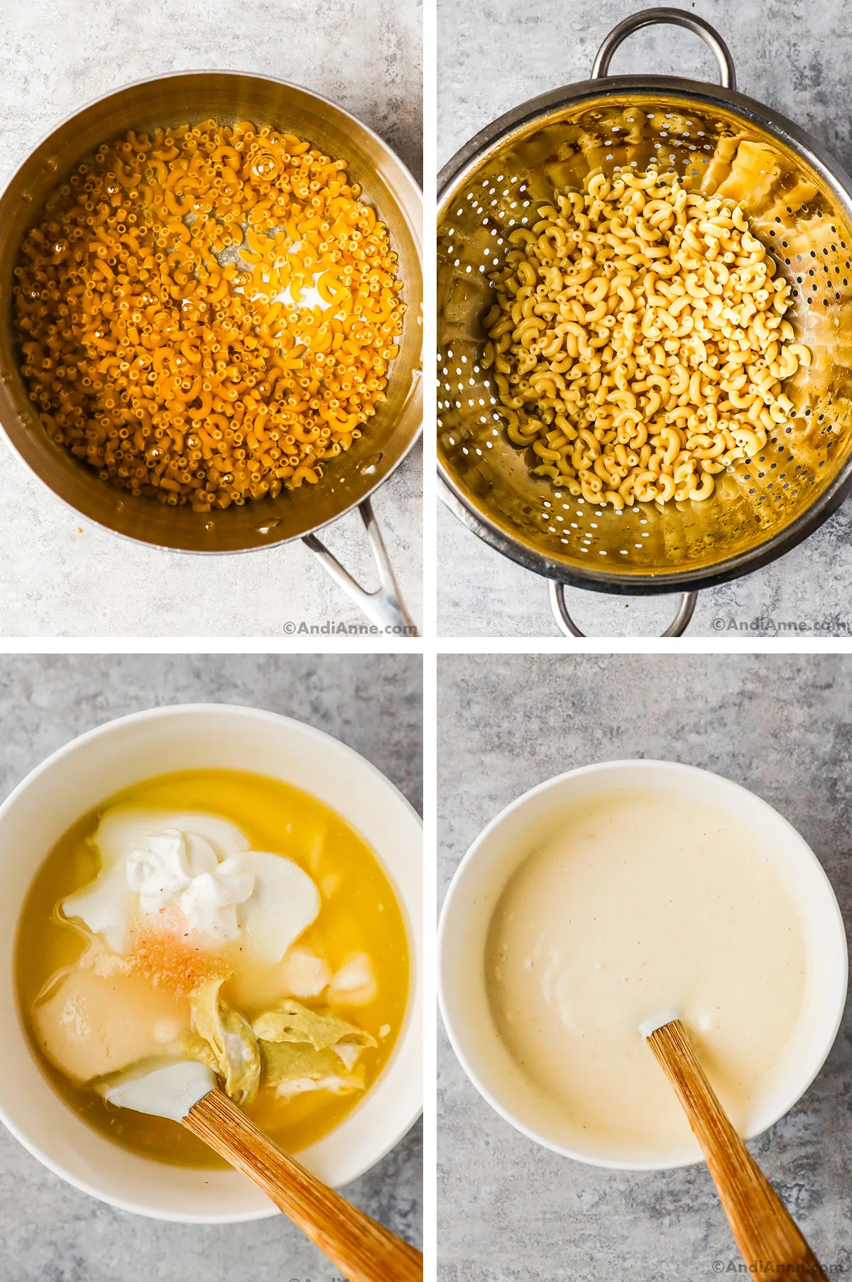 Four images, first is macaroni pasta and water in pot, second is cooked pasta in strainer, third is various ingredients dumped in a bowl, fourth is creamy sauce in a bowl.