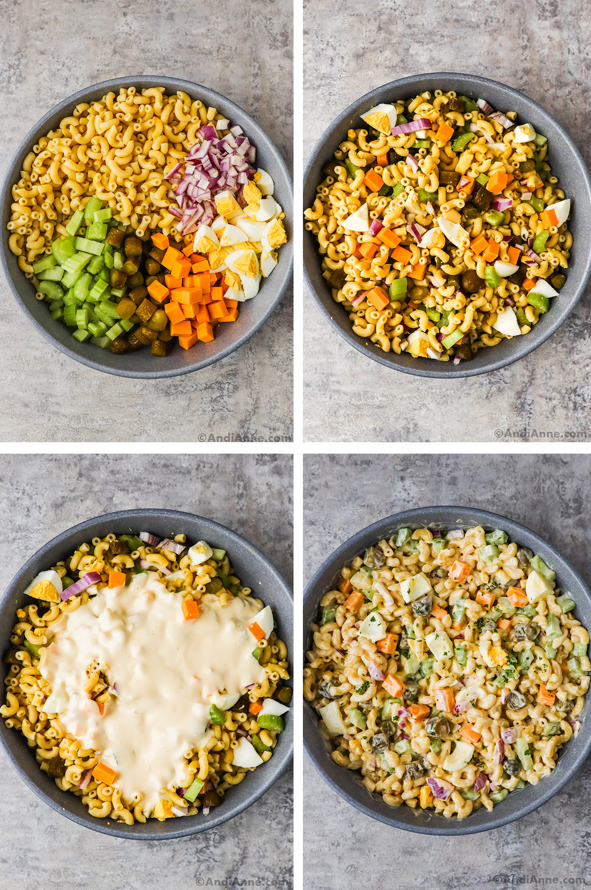 Four images together. First is macaroni, celery, pickles, onion, eggs and cheese in separate secitons. Second is ingredients mixed together. Third has creamy sauce poured on top. Fourth is salad mixed together.