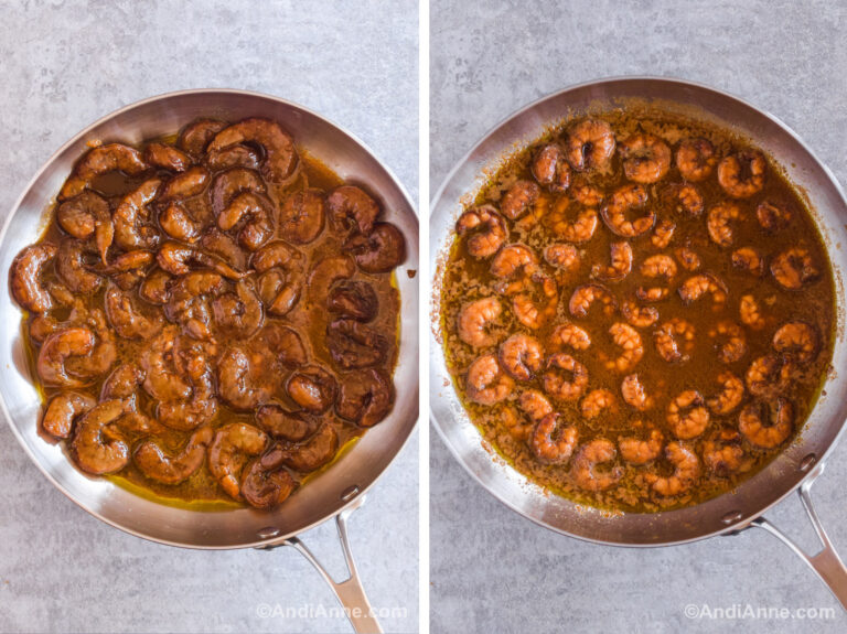 Two images of shrimp cooking in a brown sauce in a frying pan.