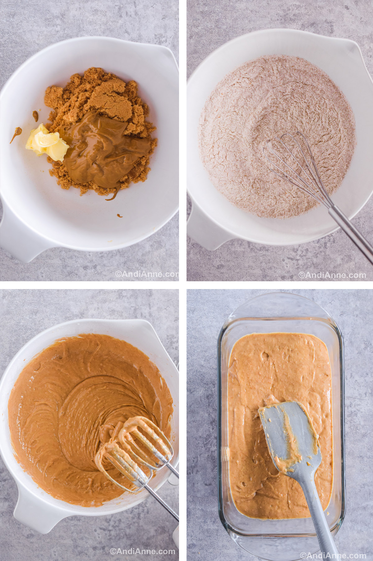 Four images grouped together showing different steps to make the recipe. First is a white bowl with brown sugar, peanut butter and butter inside. Second image is a white bowl with dry ingredients and a metal whisk. Third image is a wet brown batter with a hand mixer. Fourth image is a glass loaf pan with brown batter poured inside and a grey spatula on top.