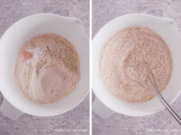 Two images of a white bowl. First with dry ingredients dumped in. Second with ingredients mixed together.