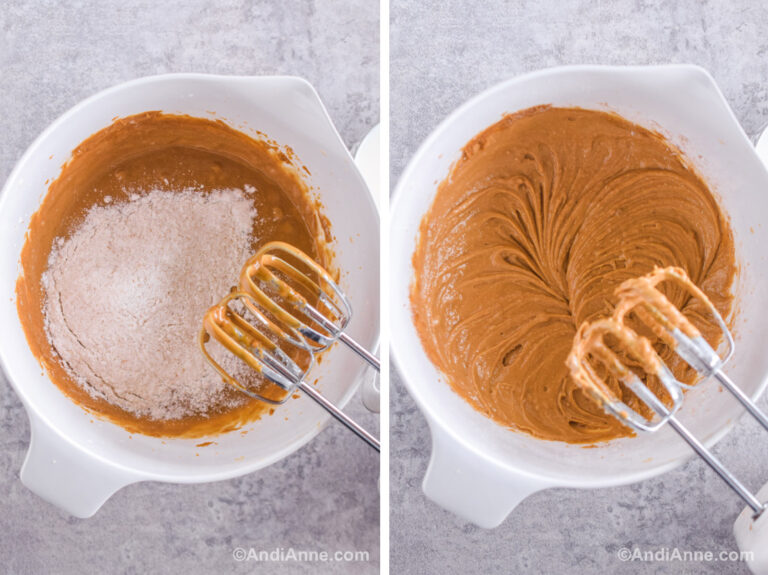 Two images of a white bowl. First is brown batter with dry ingredients dumped on top. Second is brown batter with hand mixer.
