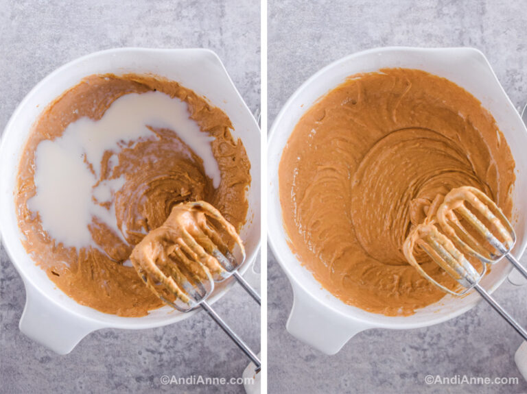 Two images of a white bowl. First is brown batter with milk poured on top and hand mixer. Second is brown batter mixed together with a hand mixer.
