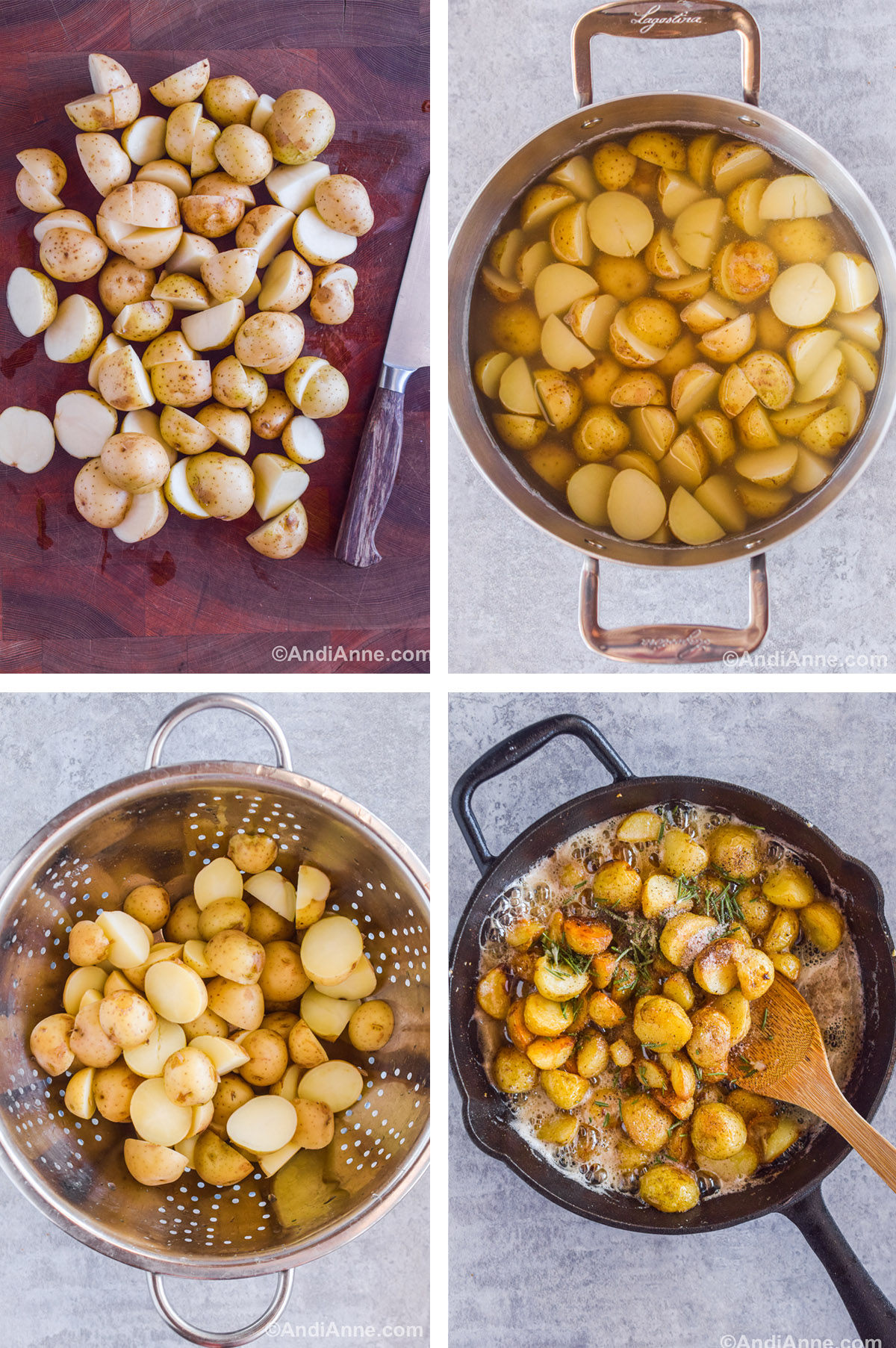 Four images grouped together. First is chopped potatoes and a knife on a cutting board. Second is a pot with sliced potatoes and water. Third is a strainer with cooked potatoes. Fourth is a skillet with bubbling butter and oil, crispy potatoes and chopped rosemary. 