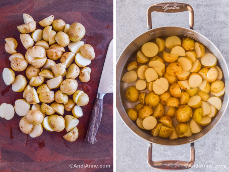 Two images together: first is baby potatoes sliced in half with a knife. Second is a pot with water and sliced baby potatoes.