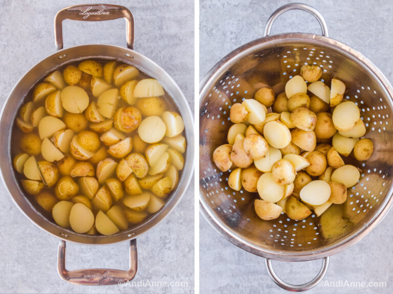 Two images together. First is a pot with sliced baby potatoes in water. Second is cooked baby potatoes in a strainer.