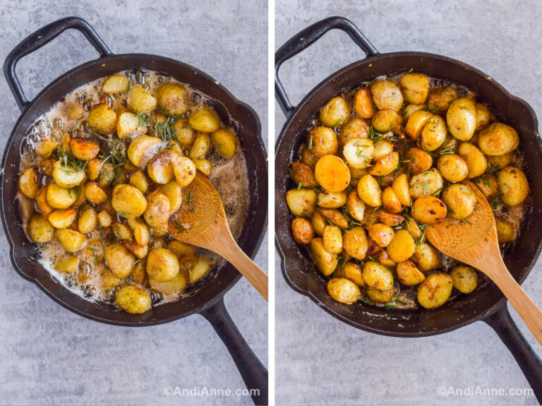 Two images of a black skillet with sliced baby potatoes in bubbling oil and butter at various stages of cooking.
