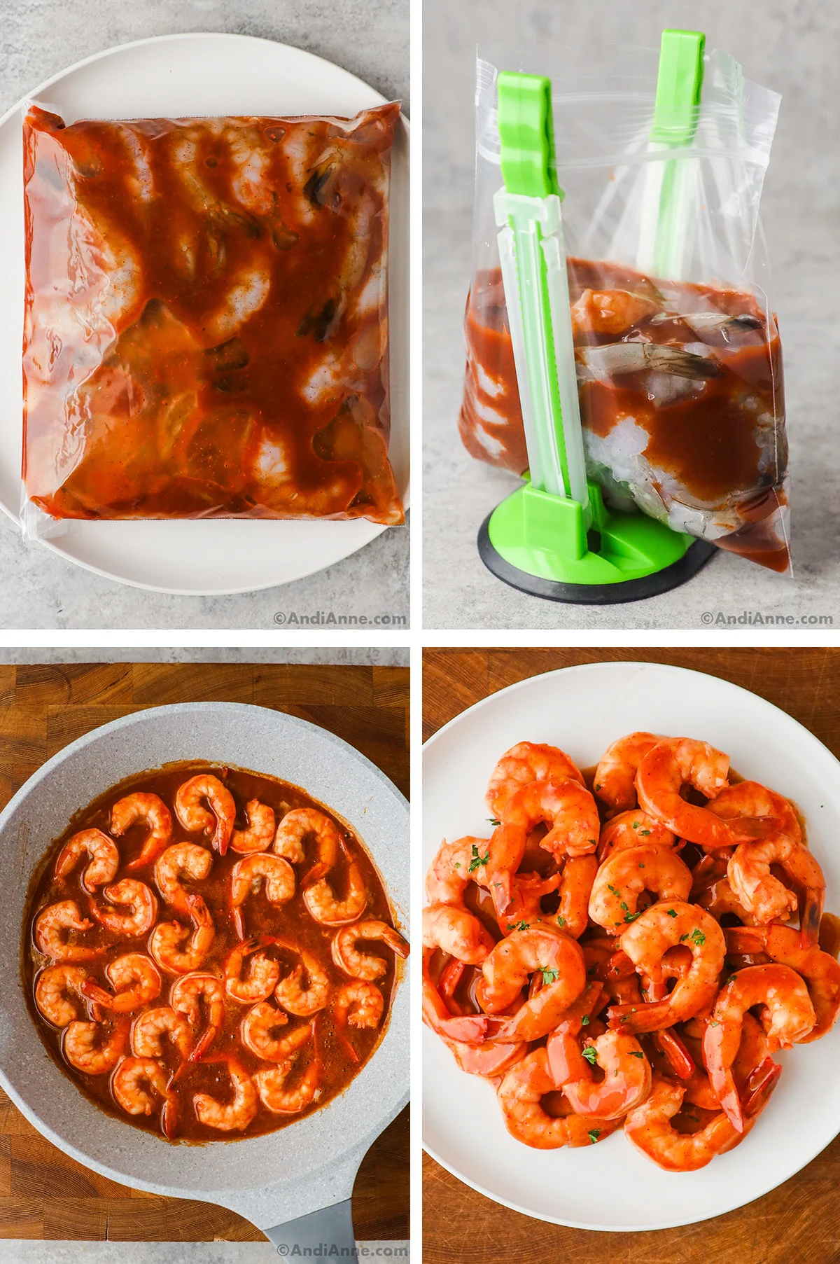Four images of shrimp in various marinating stages. First two are bag of raw shrimp with brown sauce. Last 2 images are shrimp with sauce in frying pan, and cooked shrimp with sauce on plate.