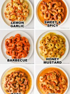 six different flavors of shrimp, all in sauce on separate plates. Flavors include lemon garlic, sweet and spicy, barbecue, honey mustard, basil balsamic, and chili lime.