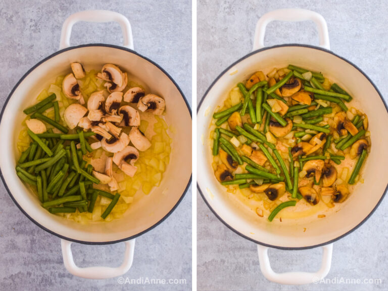 Two images of a white pot. First is chopped mushrooms, green beans onion dumped in. Second is vegetables cooked and mixed together.
