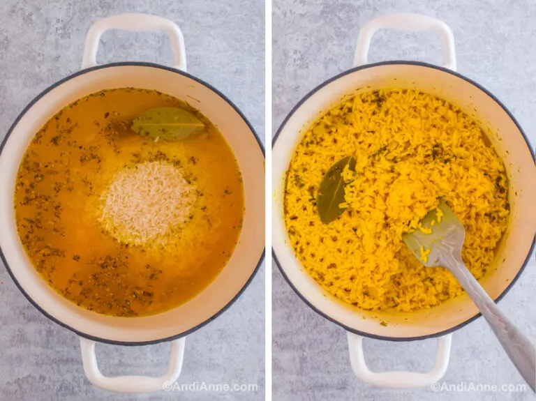 Two images of a white pot. First is spices, bay leaf, rice and liquid. Second is yellow rice cooked with bay leaf and spices.