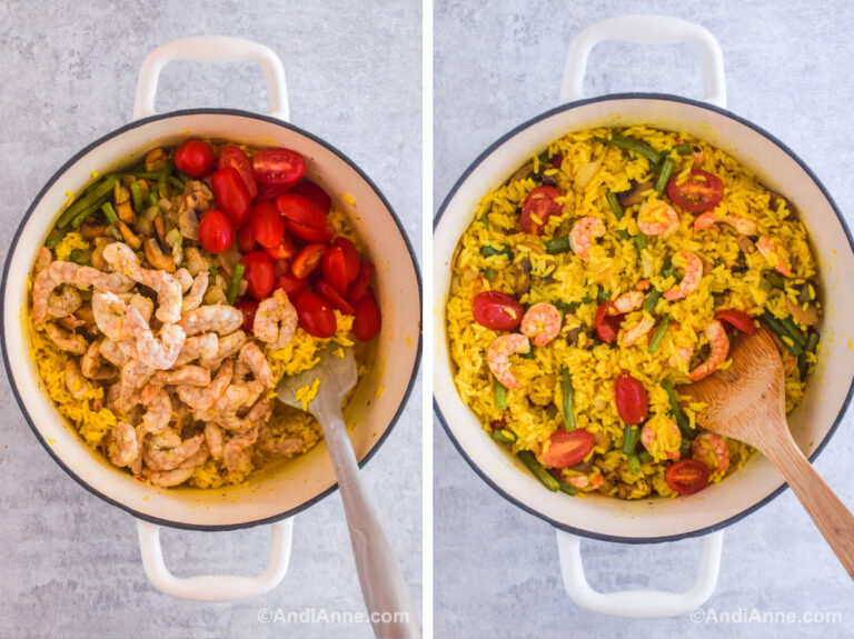 Two images of a white pot. First is chopped mushrooms, tomatoes overtop of yellow cooked rice. Second is turmeric rice with veggies mixed together and a wood spatula.