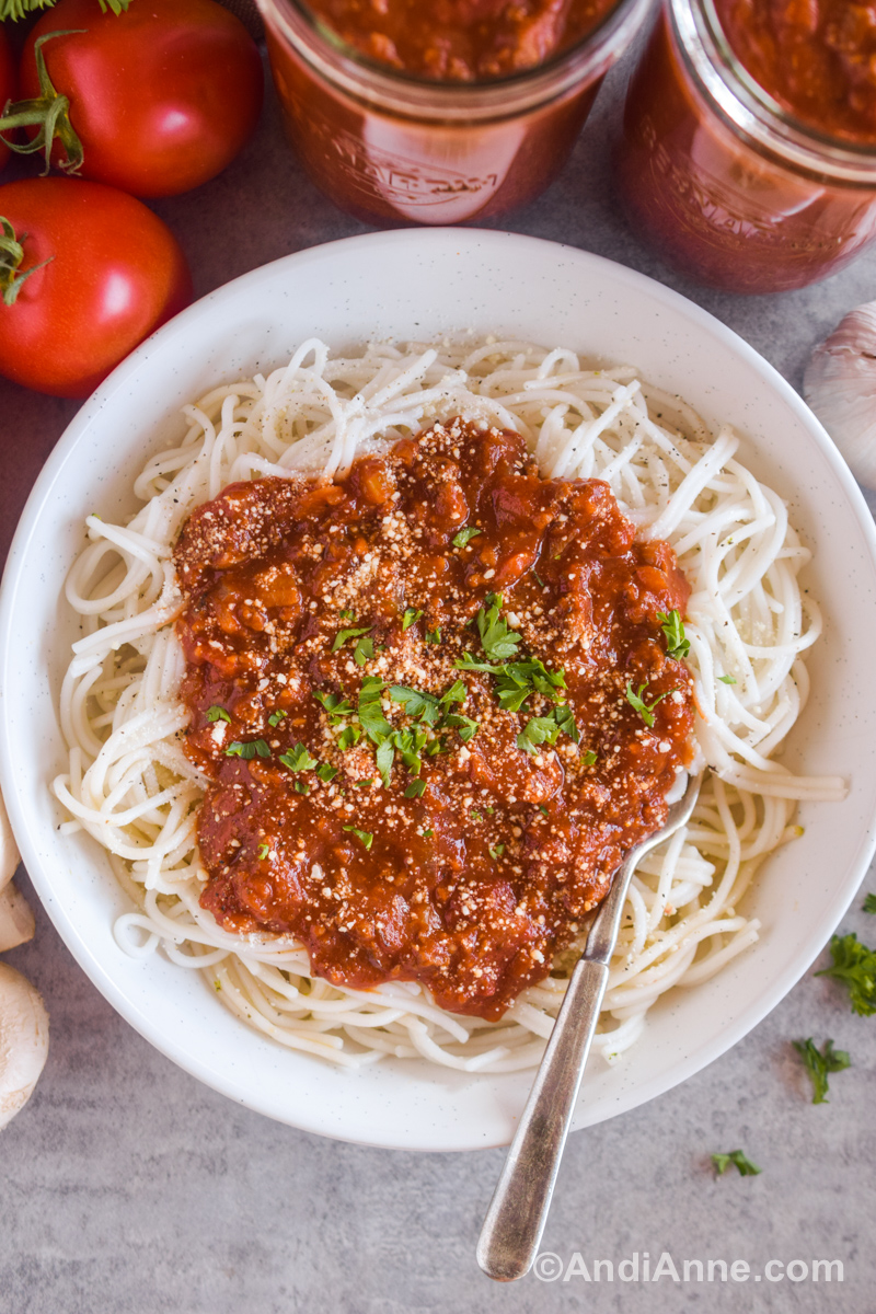 A plate with spaghetti noodles and spaghetti sauce poured overtop and a fork. Mason jars with spaghetti sauce and tomatoes surround the plate.