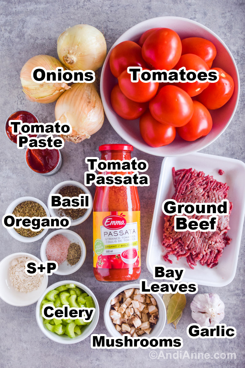 Recipe ingredients on the counter including a bowl of tomatoes, yellow onions, cans of tomato past, a jar of tomato passata, raw ground beef, small bowls of spices, chopped mushrooms, celery and garlic.