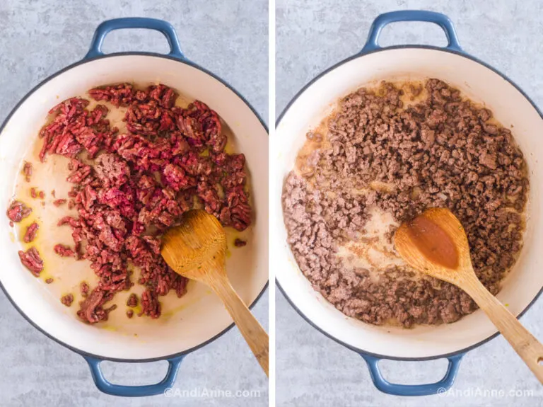 Two images of a white pot and ground beef inside. First is pink raw ground beef. Second is brown cooked beef.